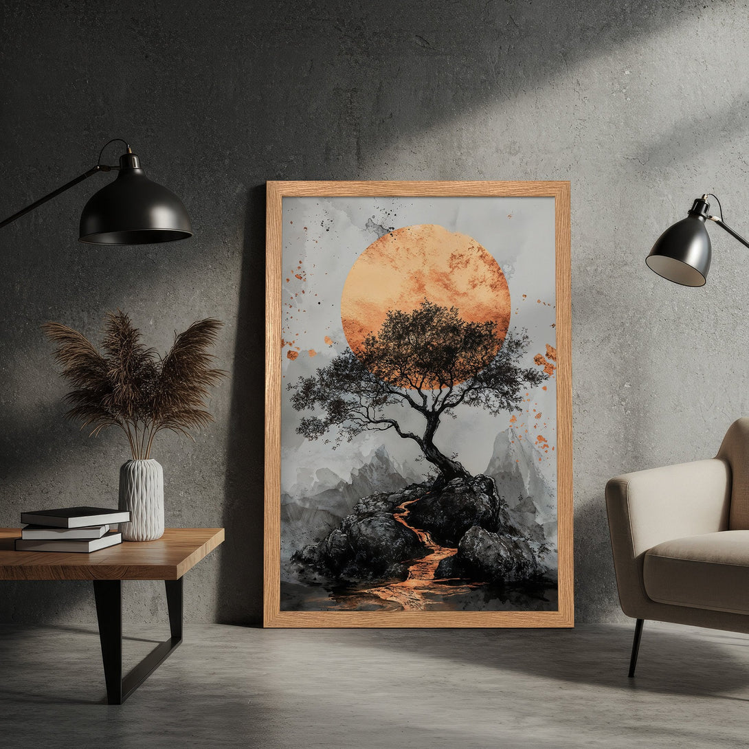 Framed Poster featuring a zen tree landscape in muted gray, orange, and black tones. Modern art print for home decor.