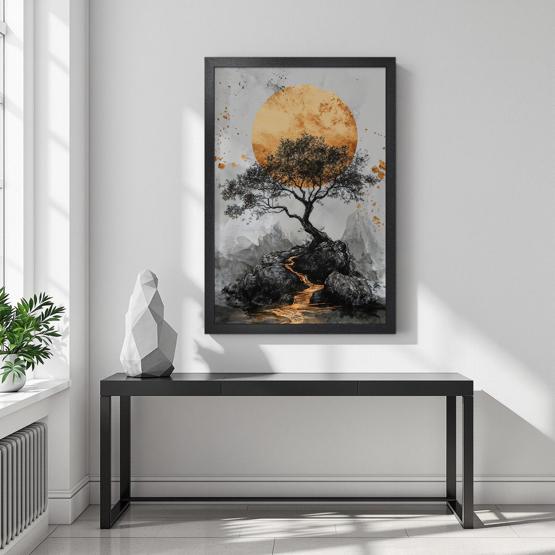 Framed Poster of a serene tree landscape with a golden sun, in a minimalist style with a neutral and gold color palette. Perfect wall art!
