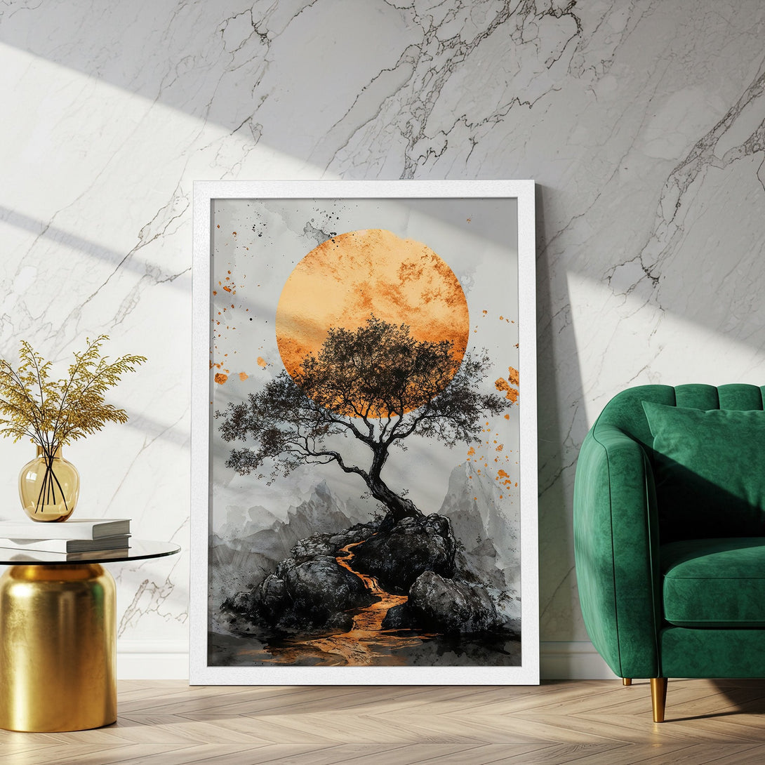 Framed Poster featuring a serene tree against a golden sun, in a minimalist style with a gray, gold, and orange color palette. Elevate your space!