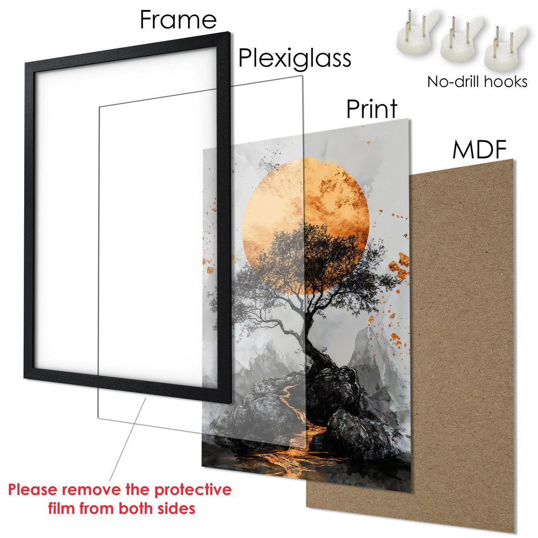 Framed Poster: Abstract landscape art with a tree and sun in a black frame. Warm orange and gray color palette.
