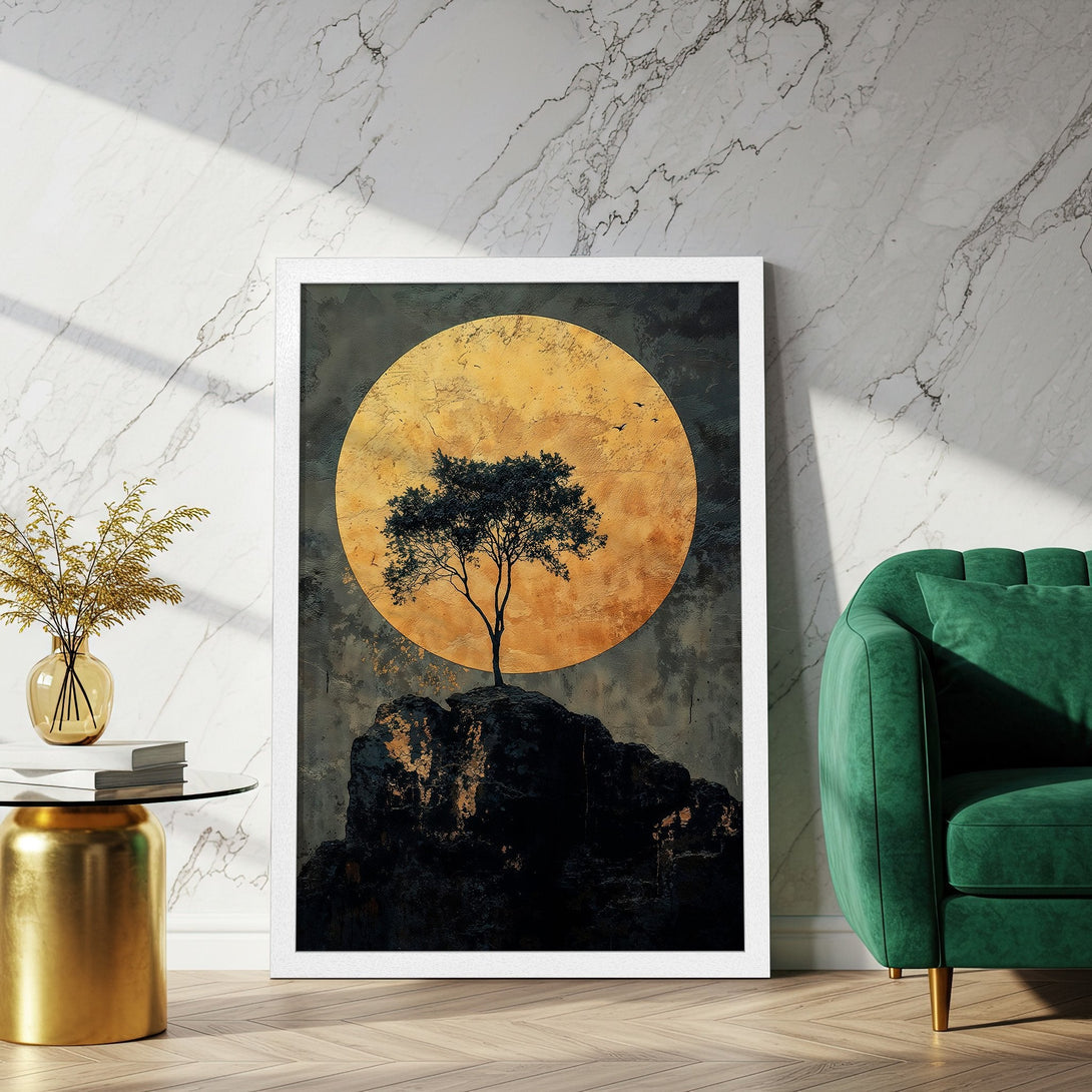 Framed Poster featuring a tree silhouette against a golden sun. Modern art style with a dark, earthy palette. Perfect wall decor!