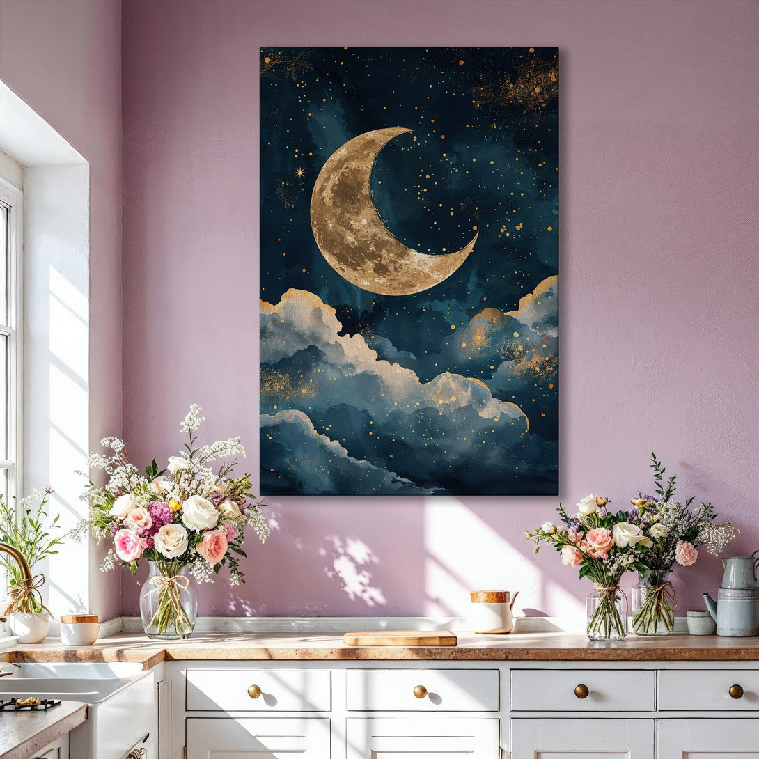 Framed Wall Art featuring a celestial moon scene in a modern, watercolor style. Deep blue and gold color palette, perfect for any home decor.