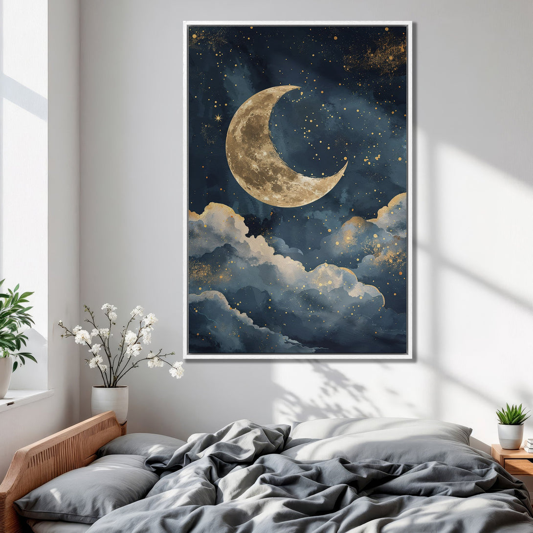 Framed Wall Art: Watercolor moon and clouds in a dreamy, celestial style. Blue and gold color palette. Perfect bedroom decor.
