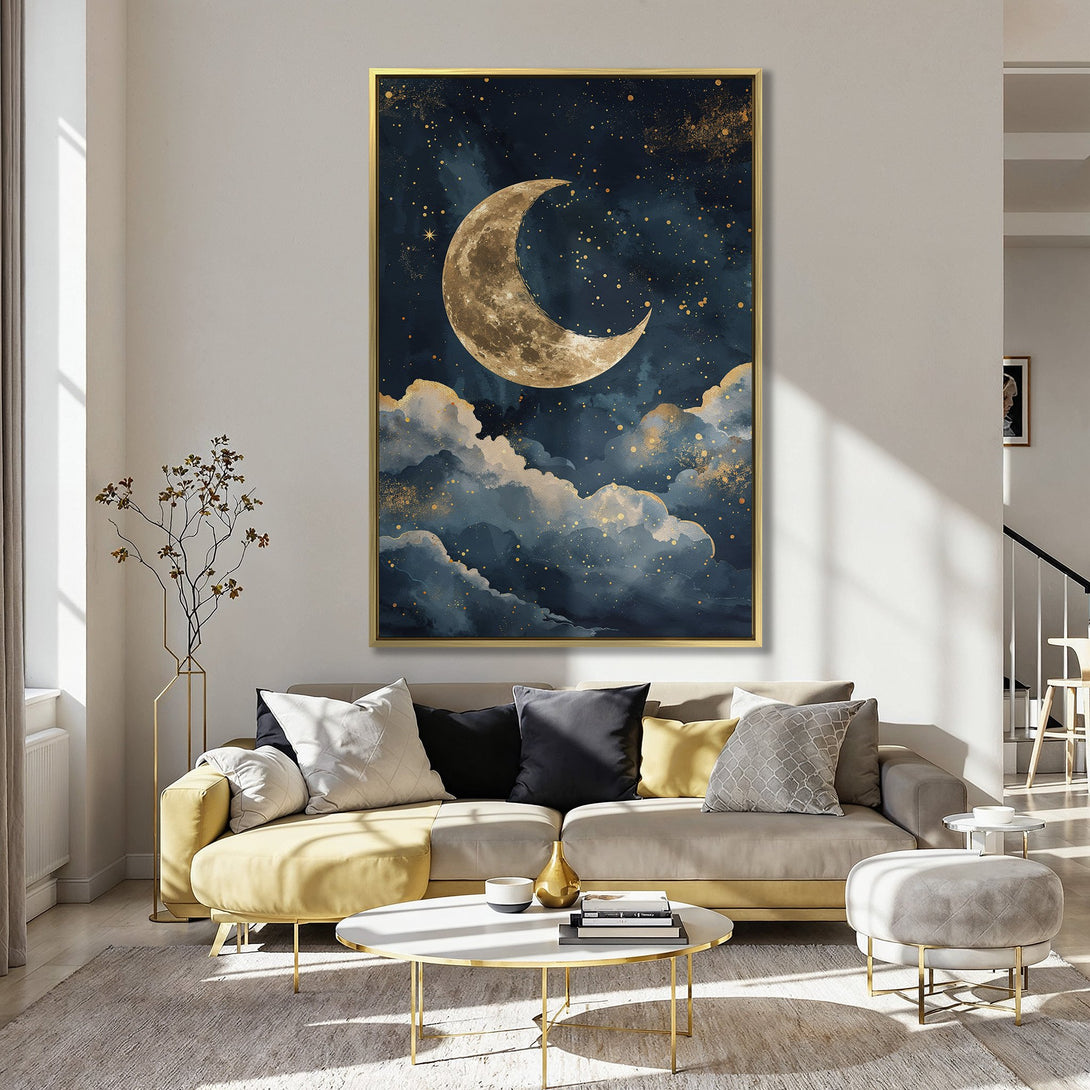 Canvas Print of a celestial moon and cloudscape in a watercolor style. Features a dark blue and gold color palette, perfect for adding a touch of magic.
