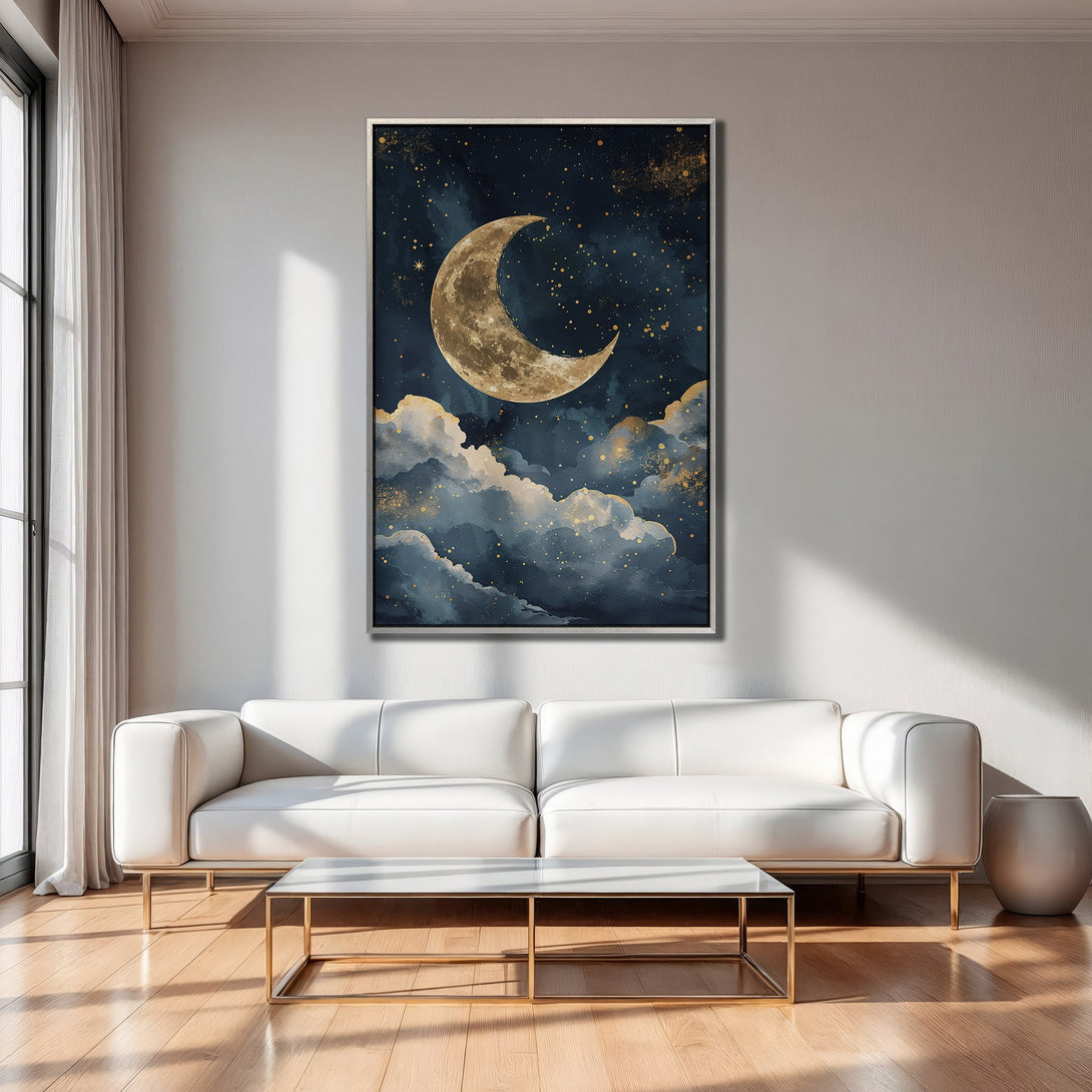 Framed Wall Art: Crescent moon and cloud art in a modern interior. Navy, gold, and white color palette. Celestial wall decor.