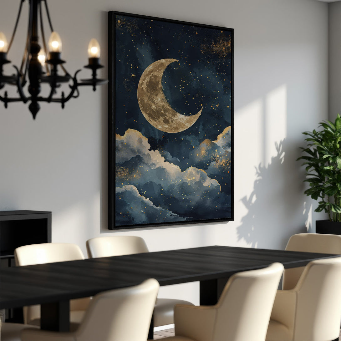 Framed Wall Art featuring a celestial moon and cloudscape in navy, gold, and cream tones. Perfect for adding a touch of dreamy elegance to any space.