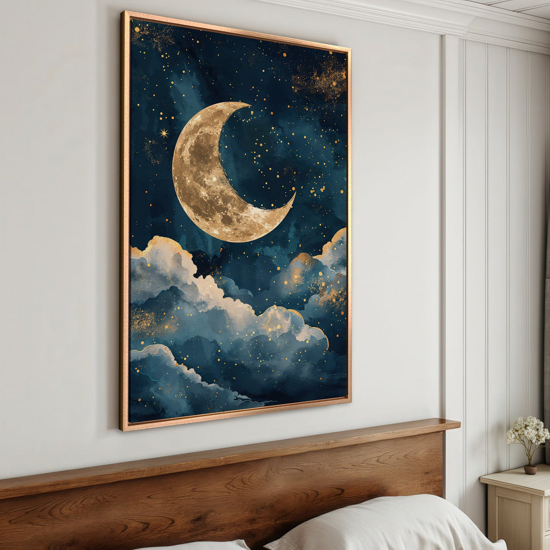 Framed Wall Art: Celestial moon and stars canvas print in a bedroom. Watercolor style, deep blue and gold color palette. Perfect for dreamy decor.