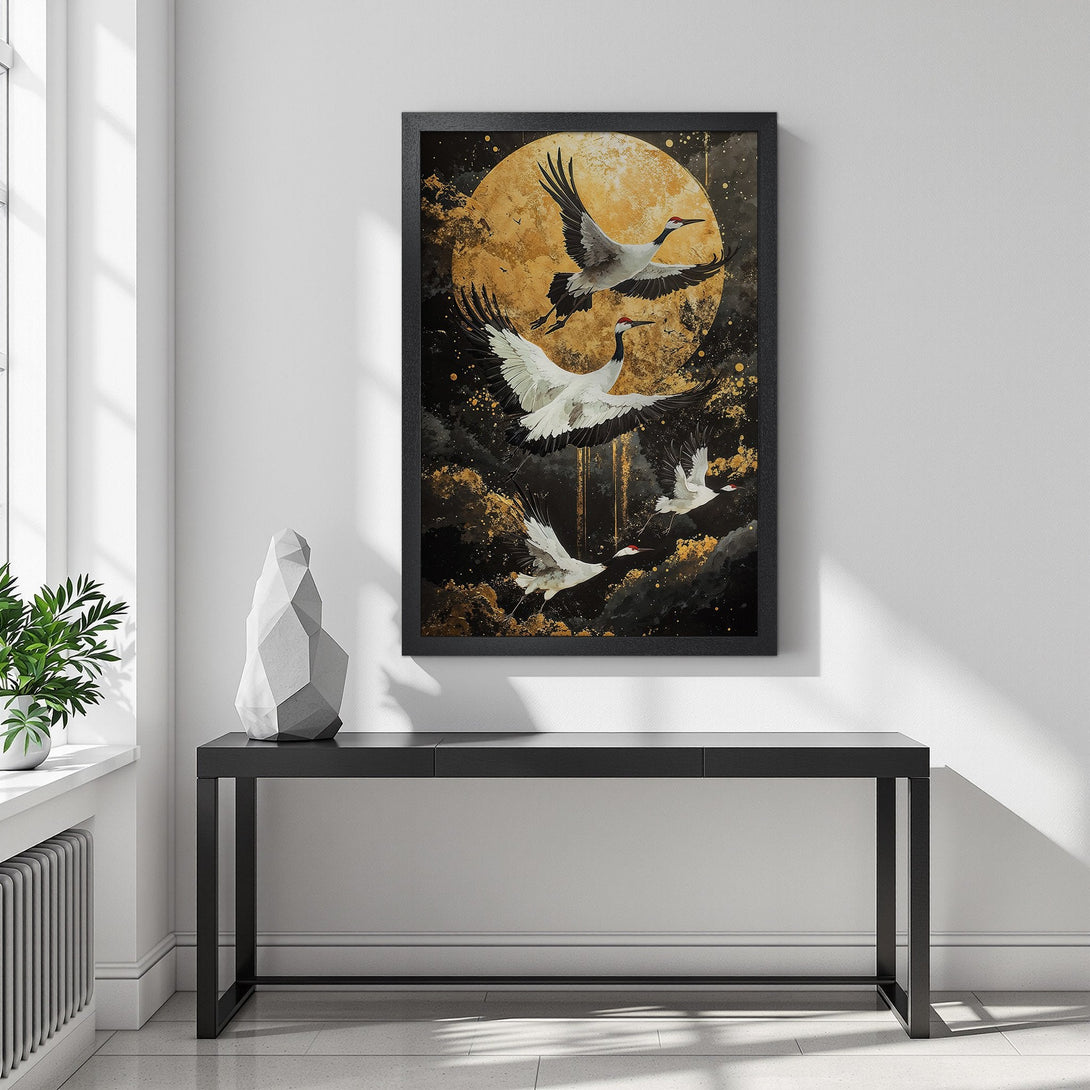 Framed Poster featuring cranes in flight, with a gold and black color palette, perfect for adding elegance to your home decor.
