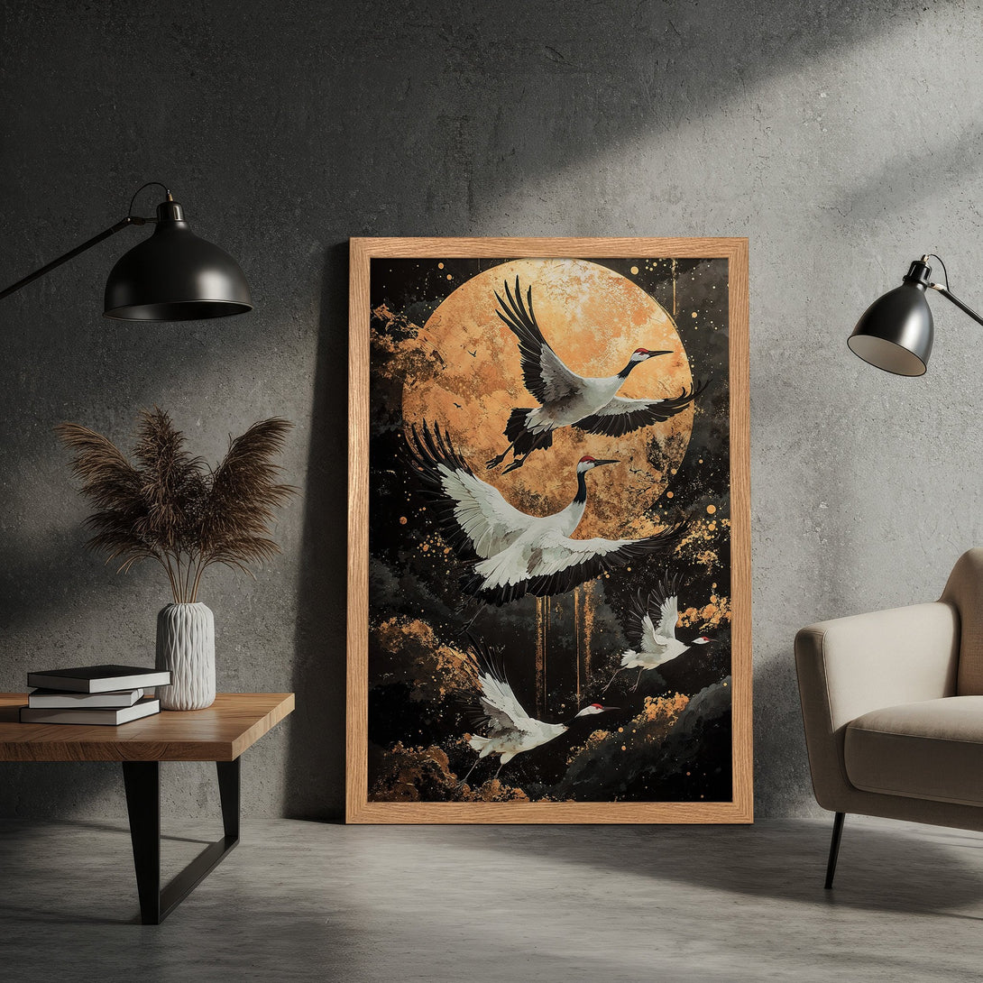 Framed Poster featuring cranes in flight against a golden moon, artistic style with black, gold, and white color palette. Perfect wall art!
