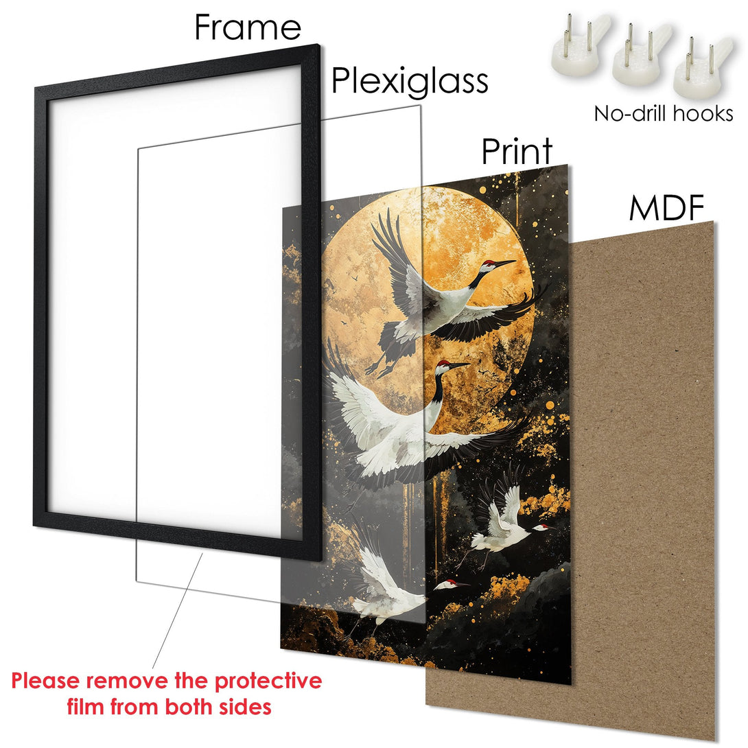 Framed Poster featuring crane art, gold and black color palette, perfect for home decor. Includes no-drill hooks.
