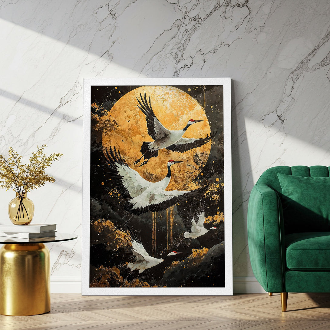 Framed Poster featuring cranes in flight against a golden moon. Artistic style with a black, gold, and white color palette. Perfect wall art.
