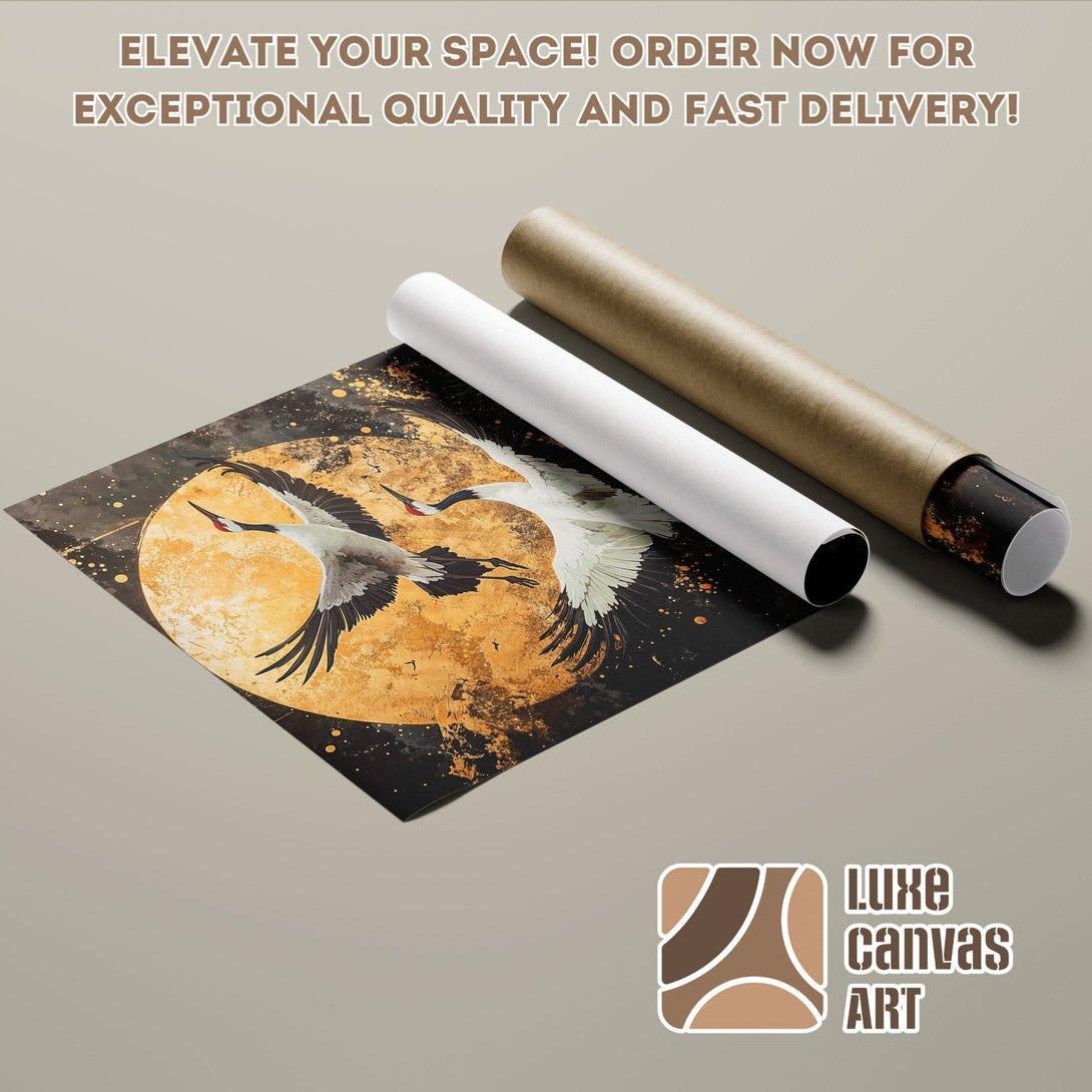 Poster Roll featuring cranes in gold and black art. Elevate your space with Luxe Canvas Art today!