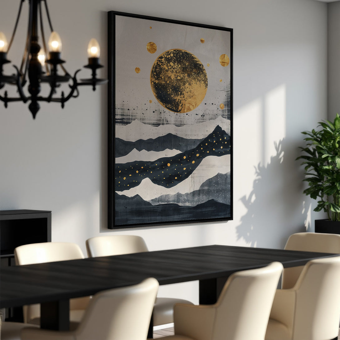 Framed Wall Art featuring an abstract landscape with a gold and navy color palette, perfect for modern interior decor.