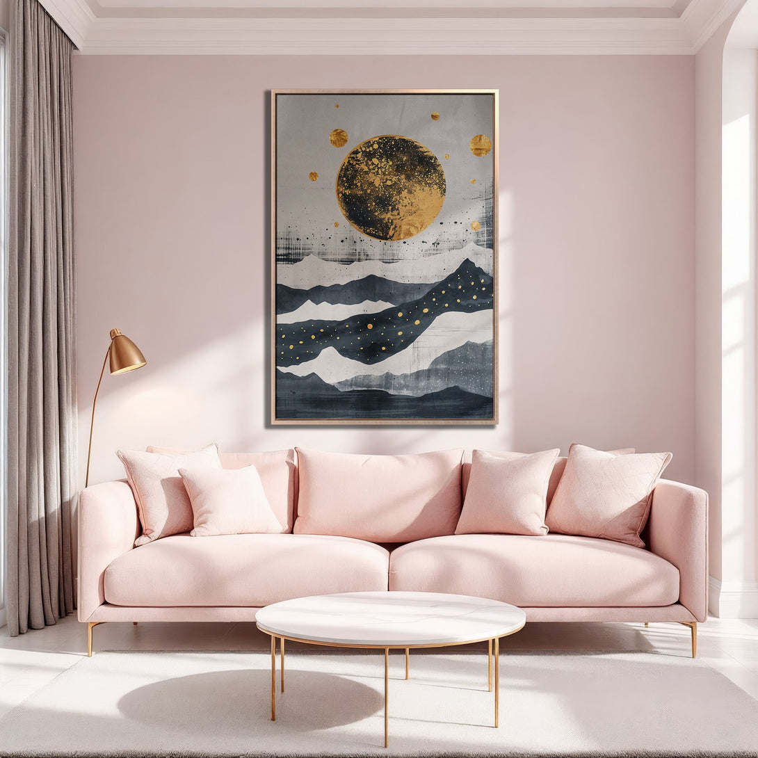 Framed Wall Art featuring an abstract mountain scene in a gold, gray, and navy color palette. Perfect for adding a touch of modern elegance to your home.