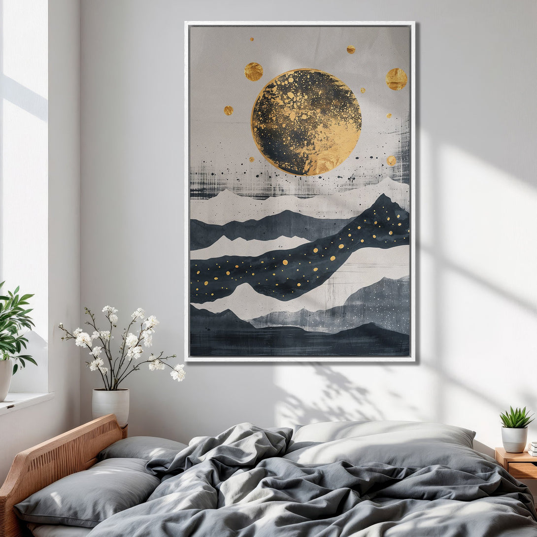 Framed Wall Art featuring an abstract landscape with gold accents. Modern art with a neutral, calming color palette, perfect for bedroom decor.