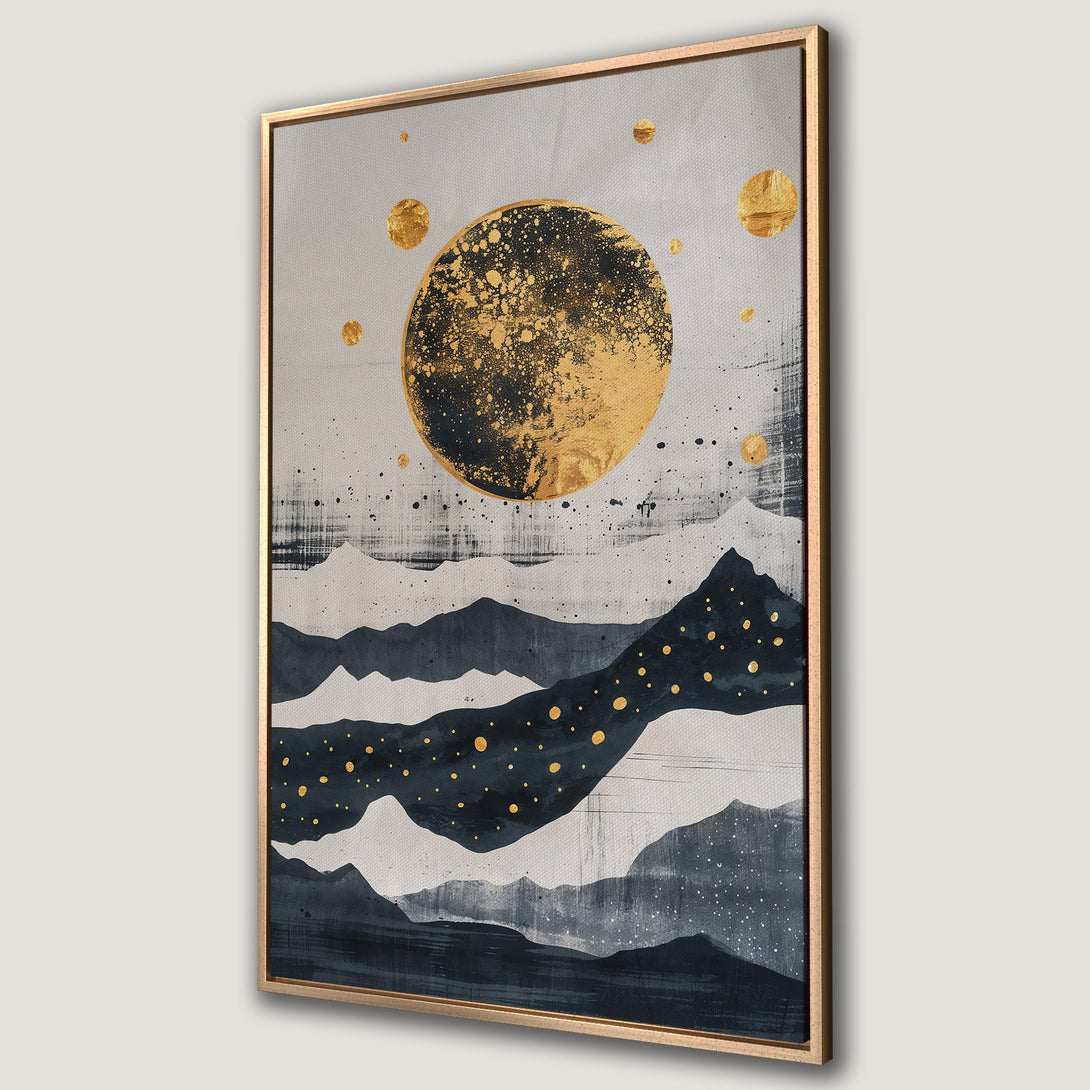 Framed Wall Art: Abstract landscape canvas print with a gold and navy color palette. Modern art featuring mountains and celestial elements. Perfect home decor.
