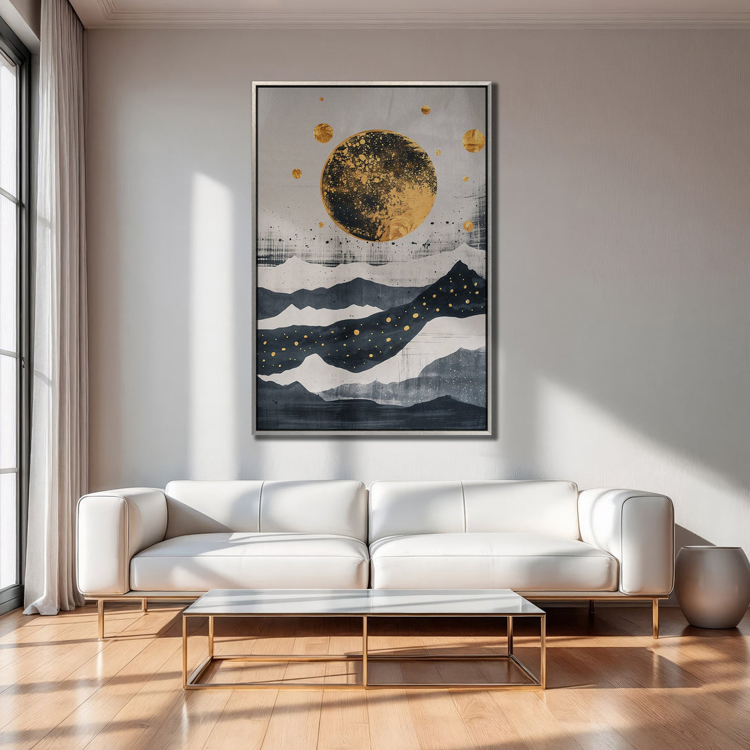 Framed Wall Art: Abstract landscape Canvas Print with gold and navy accents. Modern art for home decor, featuring a minimalist style and neutral color palette.