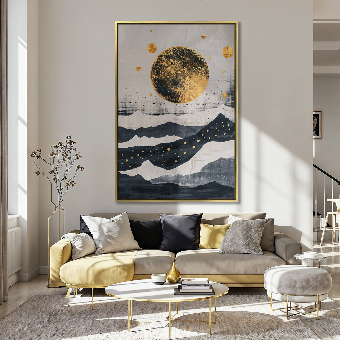 Abstract Canvas Print with gold accents and mountain landscape. Modern art in a neutral and gold color palette, perfect for home decor.
