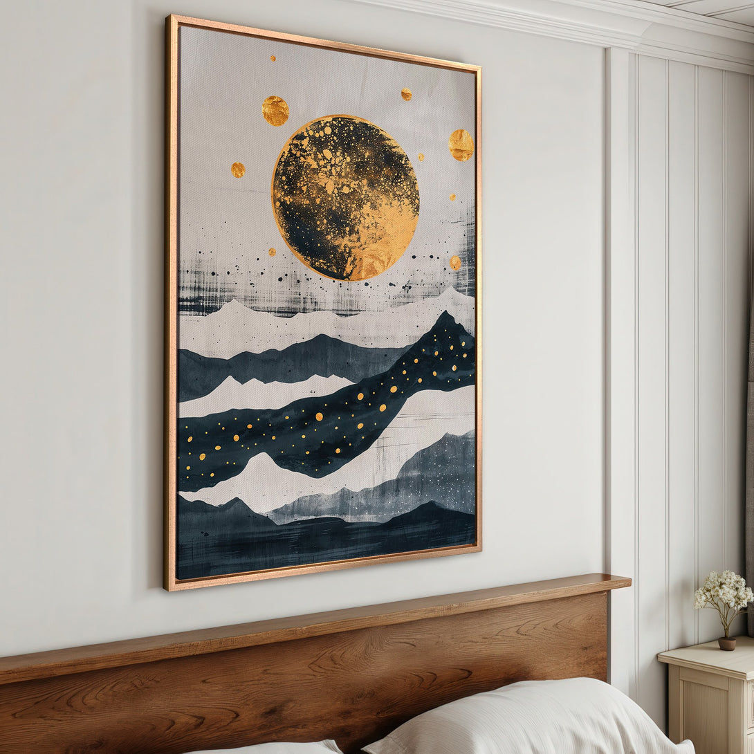 Framed Wall Art: Abstract landscape Canvas Print with gold and navy accents. Modern art for bedroom decor, featuring a neutral color palette.