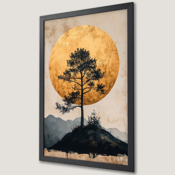Framed Poster featuring a tree silhouette against a golden moon, minimalist style, warm earthy tones. Perfect wall art!