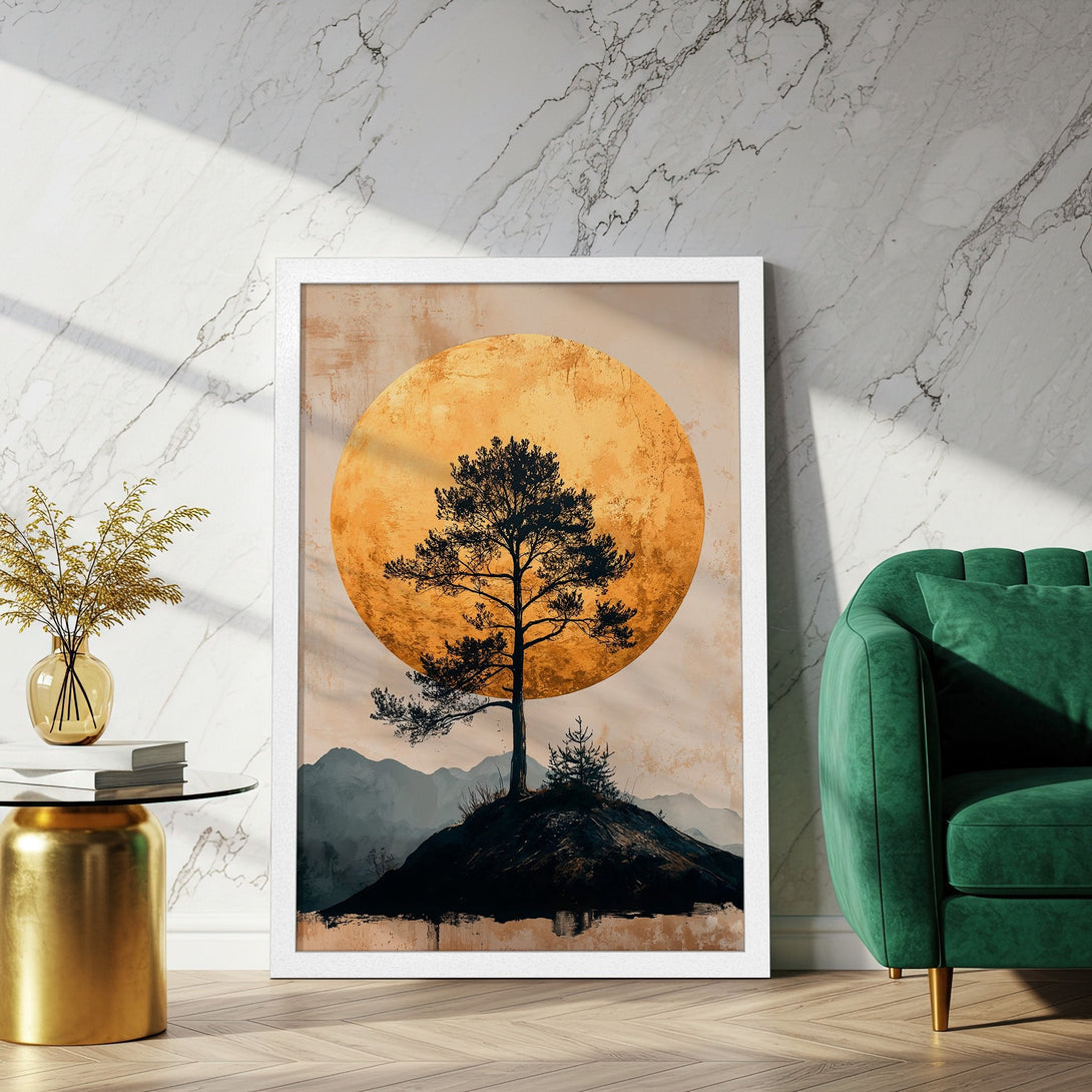 Framed Poster featuring a tree silhouette against a sunset. Earthy tones and minimalist style create a calming aesthetic. Perfect wall art!