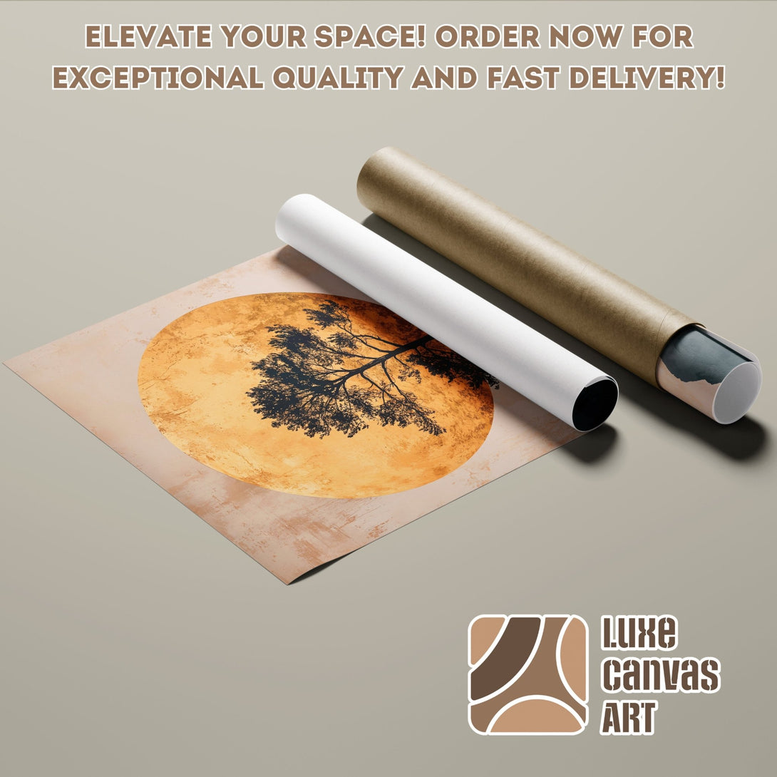Poster Roll featuring a tree silhouette on a warm, earthy-toned background. Modern art style with a neutral color palette. Elevate your space!