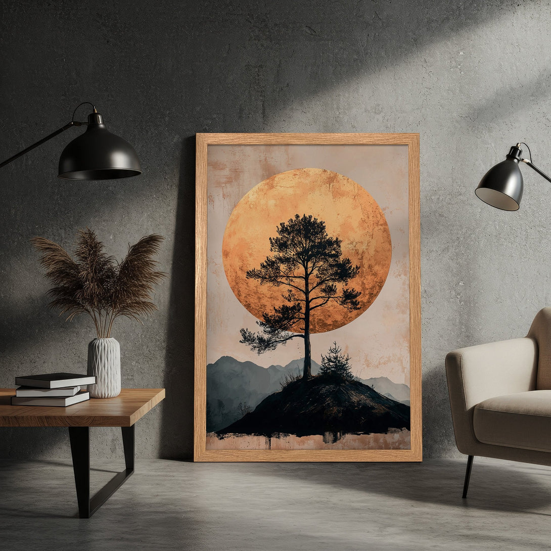 Framed Poster featuring a tree silhouette against a warm orange sun. Modern art style, neutral color palette for home decor.
