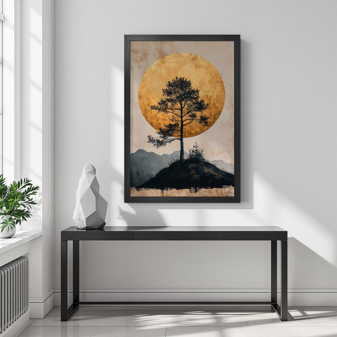 Framed Poster of a tree silhouette against a golden sun. Minimalist art in earthy tones. Add a touch of nature to your space!