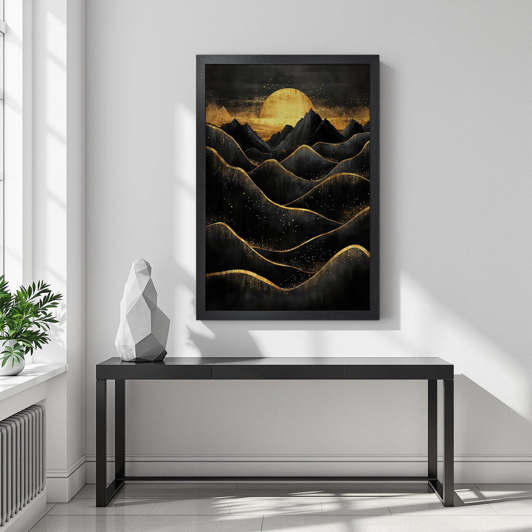 Framed Poster featuring a gold and black abstract mountain landscape art print. Modern style, perfect wall decor.