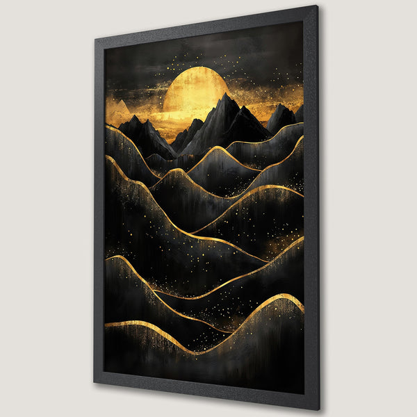 Framed Poster featuring a black and gold abstract landscape with a golden sun. Modern art print with a luxurious color palette.
