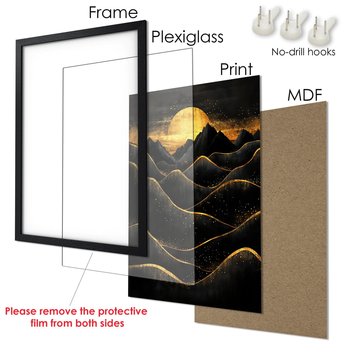Framed Poster featuring a golden sunset over mountains, artistic style, and a black, gold, and gray color palette. Perfect wall art!