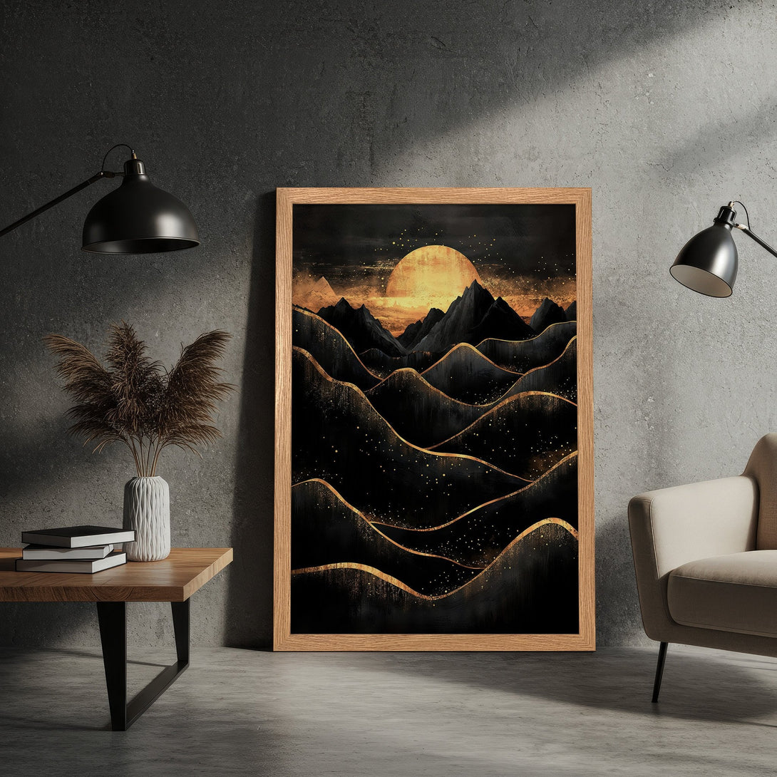 Framed Poster featuring a black and gold mountain landscape art print. Modern style with a warm, luxurious color palette.