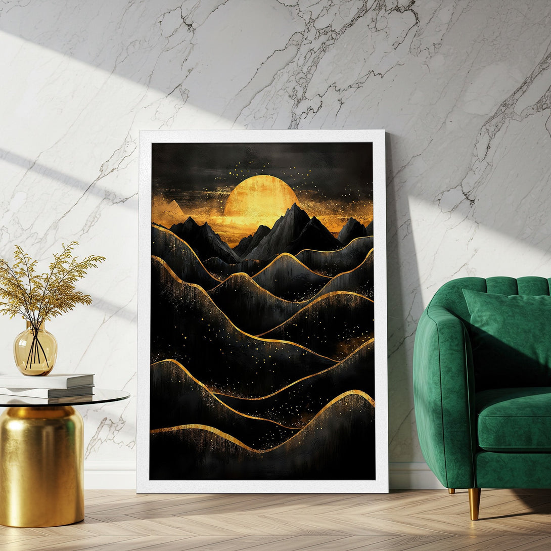 Framed Poster featuring a golden sunset over black mountains. Modern art print with gold accents. Perfect wall decor.