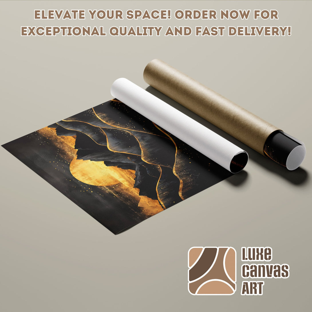 Abstract art Poster Roll with black, gold, and neutral tones. Elevate your space!