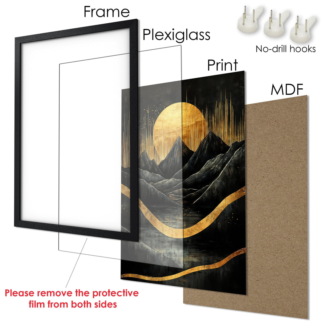 Framed Poster featuring a golden sun and mountain landscape. Modern art style with a black, gold, and gray color palette. Perfect wall decor!