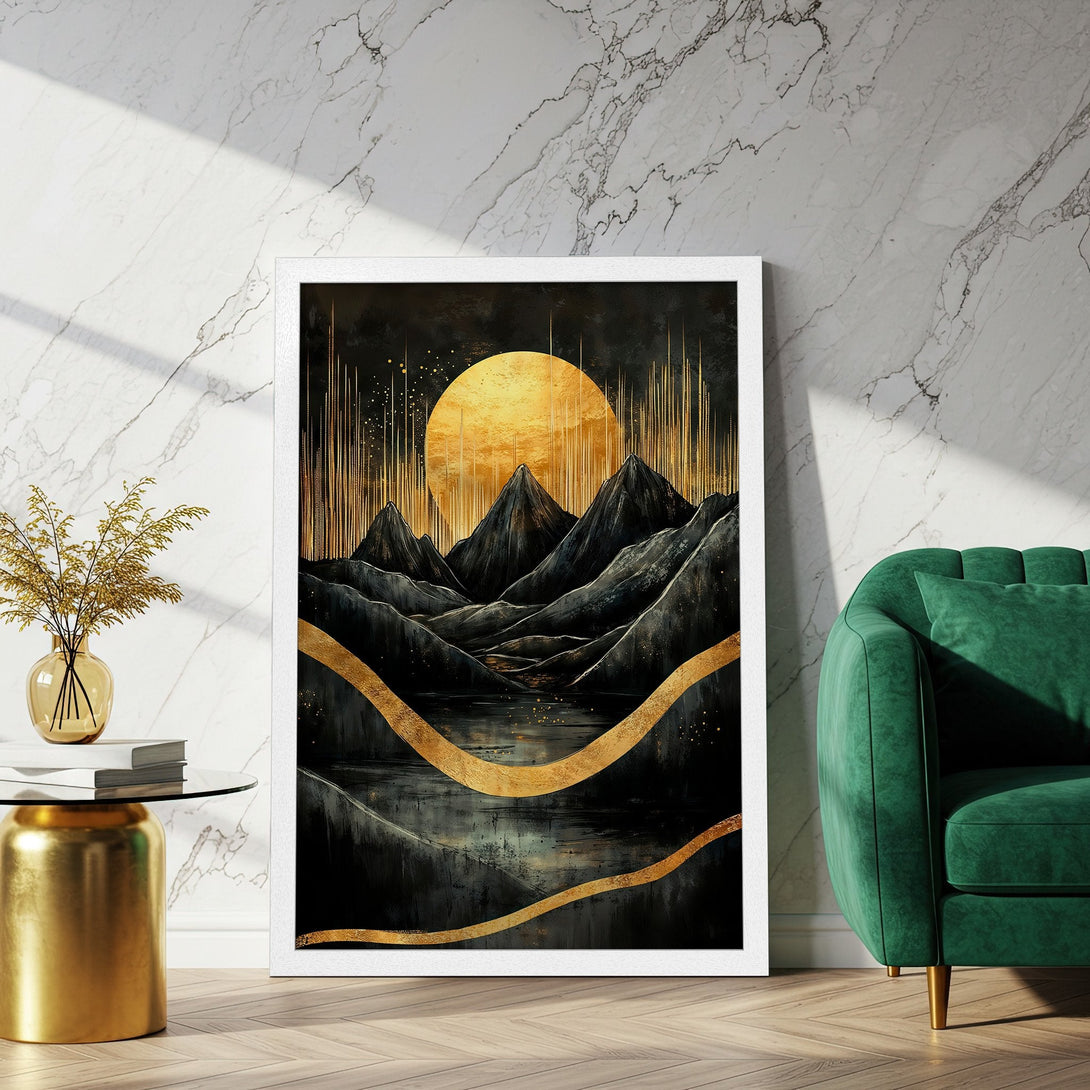 Framed Poster featuring a mountain landscape in a modern, abstract style with gold and black color palette. Perfect wall art!