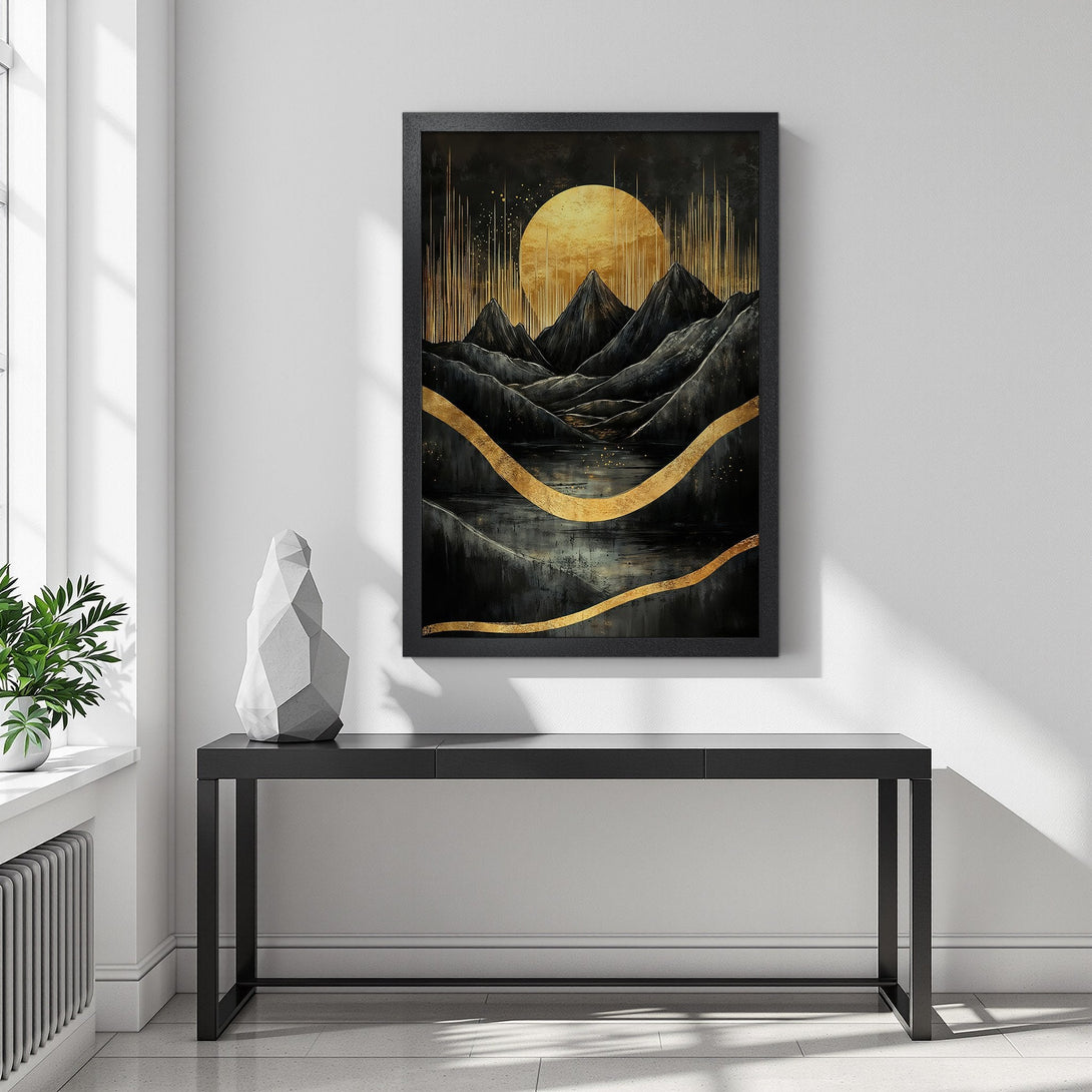 Framed Poster featuring a mountain landscape with a gold and black color palette, perfect for modern home decor.