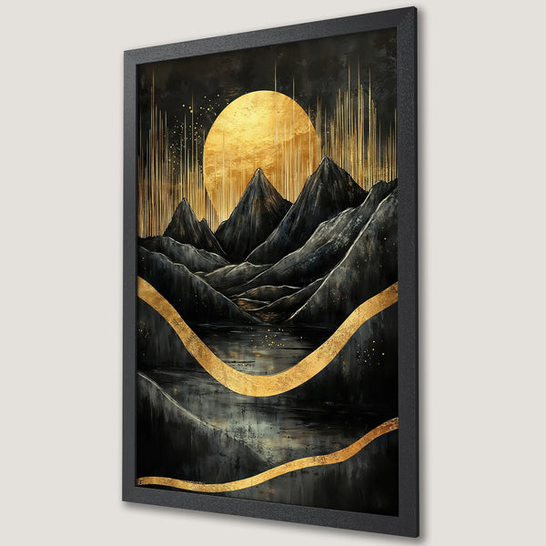 Framed Poster featuring a gold and black abstract mountain landscape art print. Modern style, dark color palette.