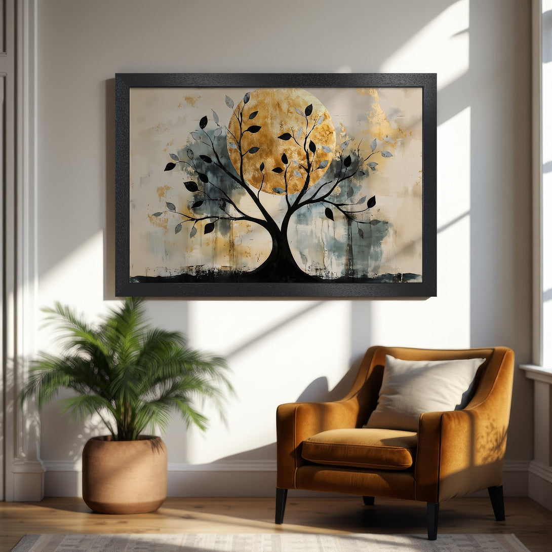 Framed Poster featuring a tree silhouette with a gold and blue color palette. Modern abstract art for home decor.