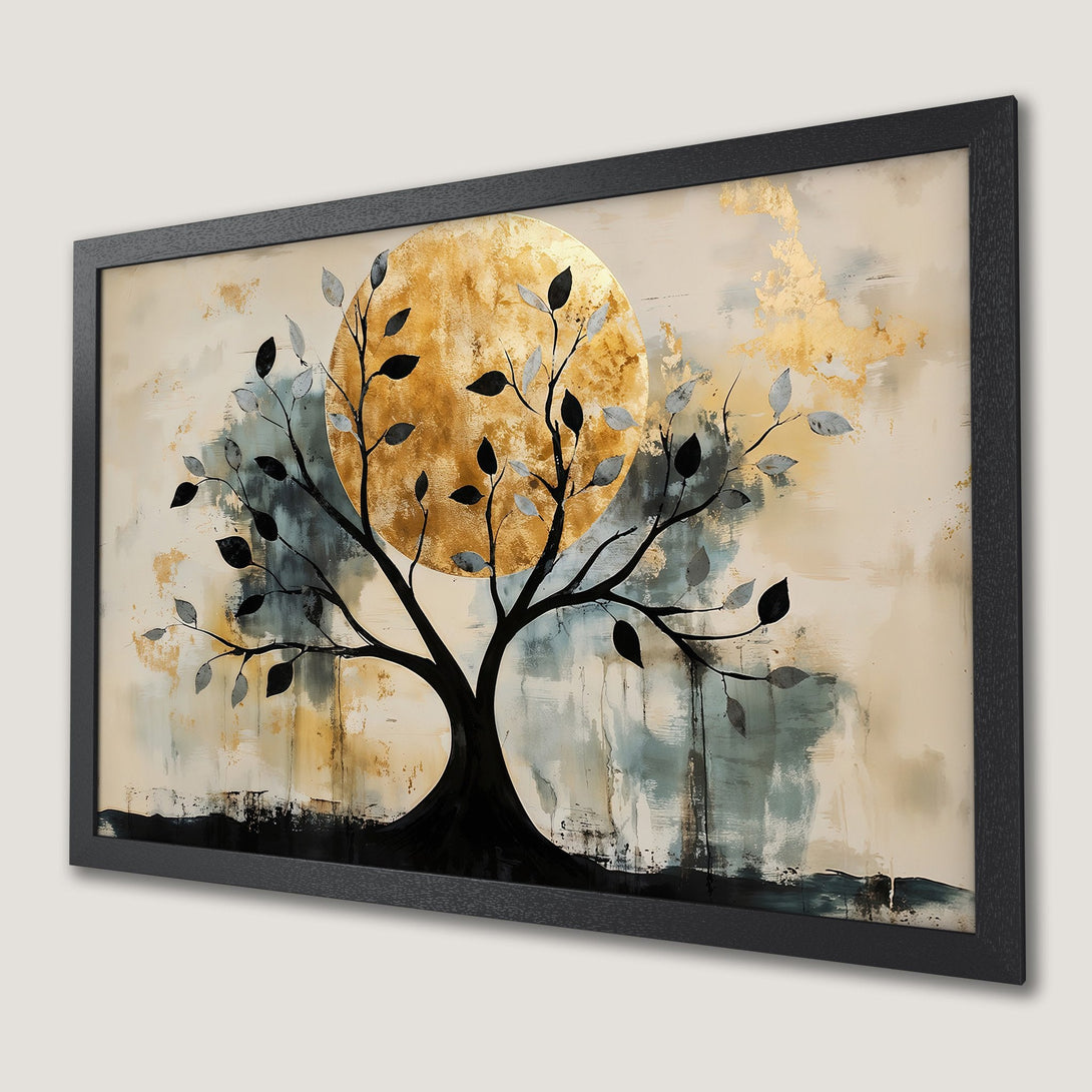 Framed Poster featuring an abstract tree with gold, black, and neutral tones. Modern wall art for home decor.