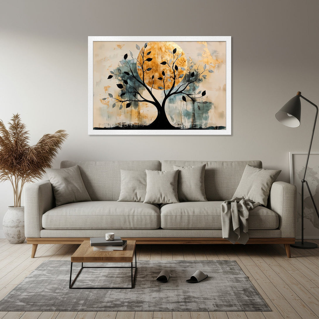 Framed Poster featuring an abstract tree with a golden sun, in a neutral color palette. Perfect for modern home decor.