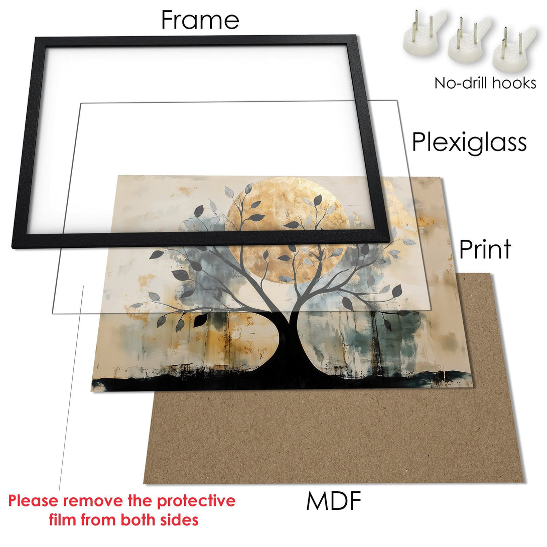 Framed Poster featuring an abstract tree art print with a gold, beige, and teal color palette. Perfect for modern home decor.