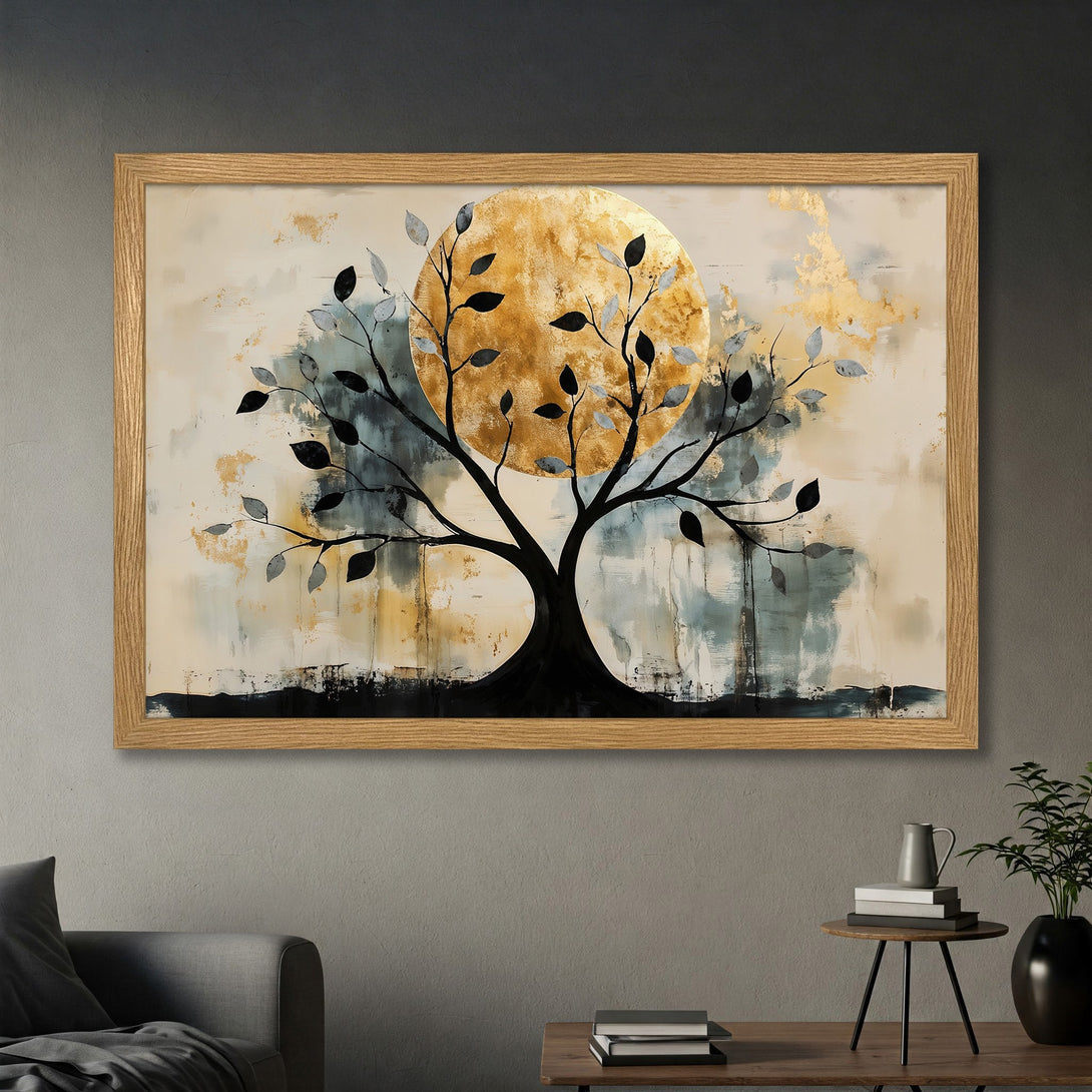 Framed Poster: Abstract tree art with gold, black, and neutral tones. Perfect wall decor for modern living.