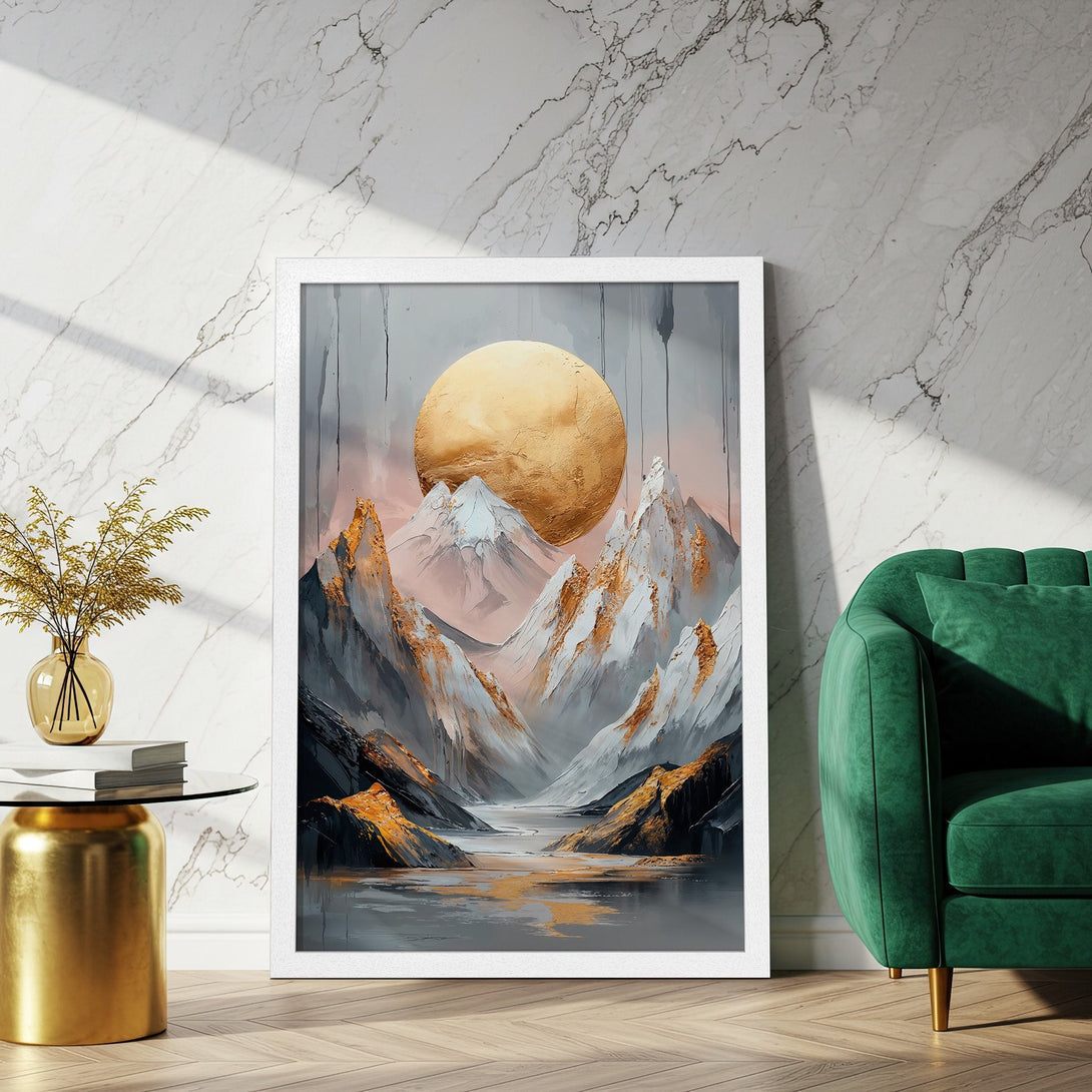 Framed Poster of abstract mountain landscape art in gold, gray, and white tones. Add a touch of elegance to your space!
