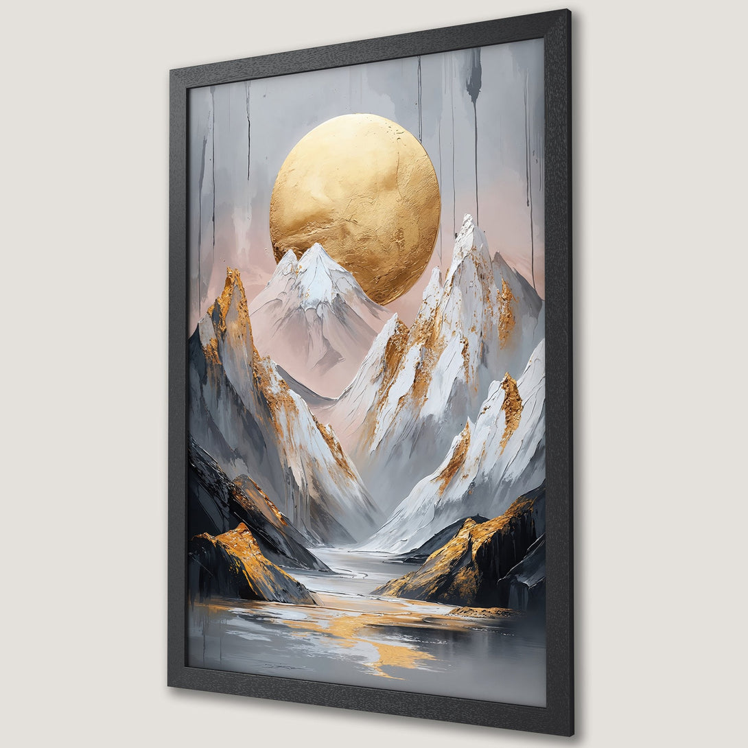 Framed Poster featuring a majestic mountain landscape with a golden sun, in a modern, abstract style. Neutral color palette with gold accents.