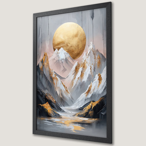 Framed Poster featuring a majestic mountain landscape with a golden sun, in a modern, abstract style. Neutral color palette with gold accents.