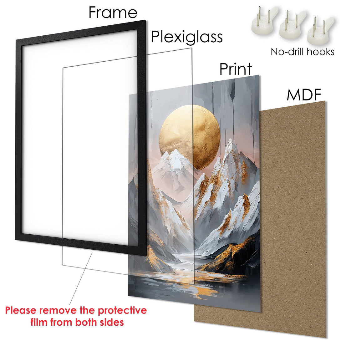 Framed Poster featuring a mountain landscape in a modern style with a gold and gray color palette. Ready to hang!