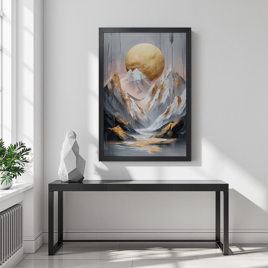 Framed Poster featuring a mountain landscape with a gold and gray color palette, perfect for modern decor.