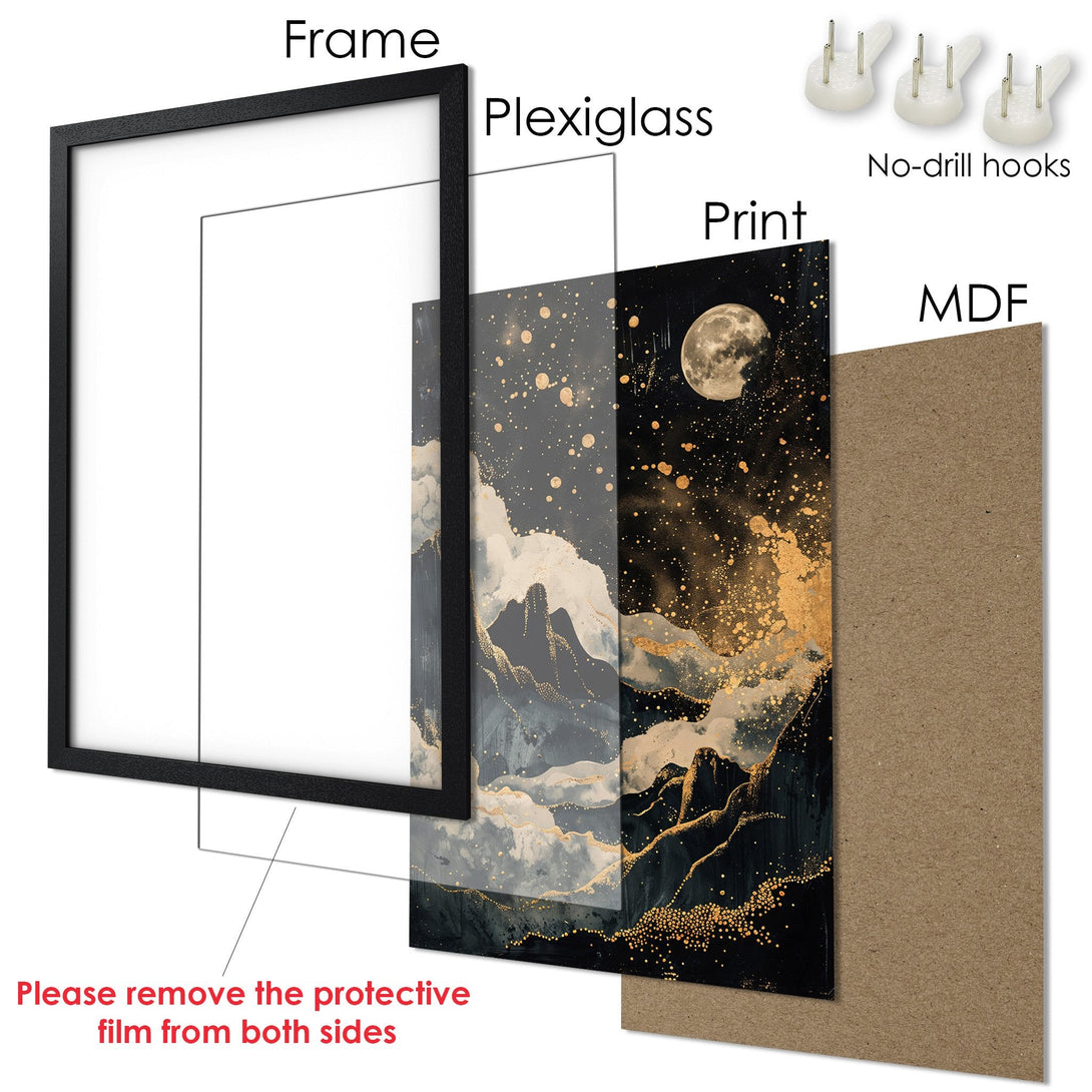 Framed Poster featuring a celestial landscape in a modern style with a black, gold, and gray color palette. Perfect wall art!
