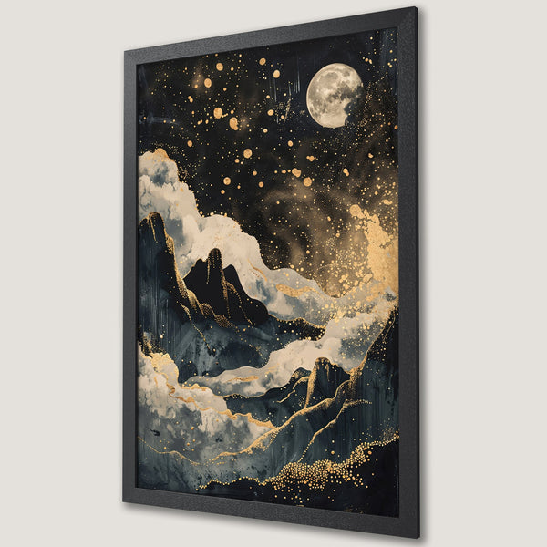 Framed Poster: Abstract landscape art with moon, dark blues, gold accents. Modern wall decor. Perfect for any room.
